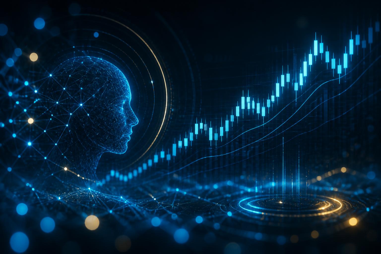 Abstract AI neural network analysing a rising crypto candlestick chart